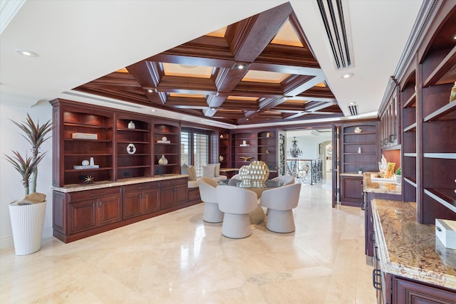 dining space featuring crown molding, coffered ceiling, built in shelves, and beamed ceiling