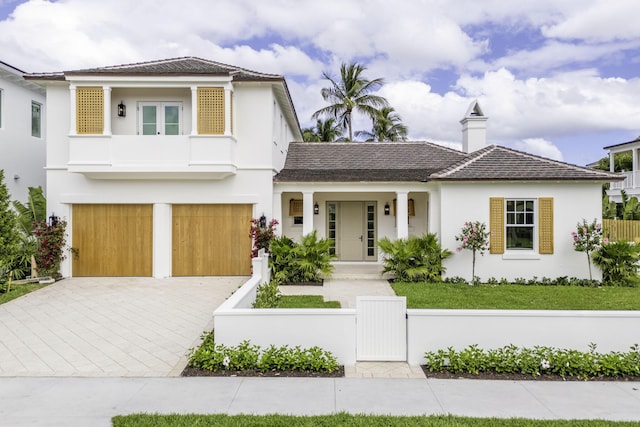 view of front facade with a fenced front yard, a tile roof, decorative driveway, a gate, and stucco siding