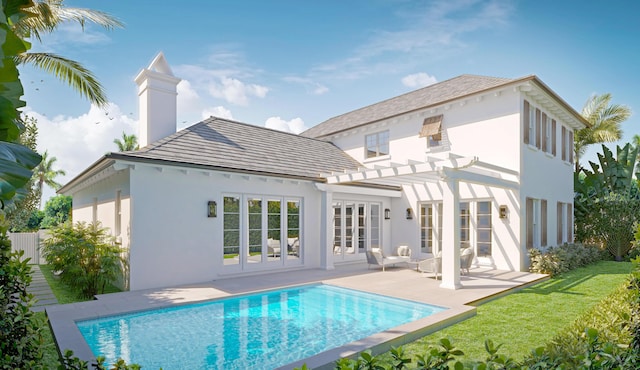 rear view of property with french doors, a pergola, and a patio area