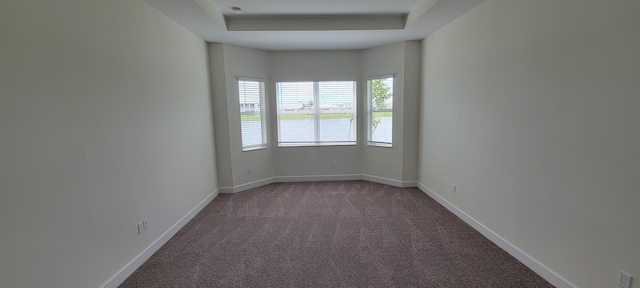 spare room featuring carpet floors, a tray ceiling, and baseboards