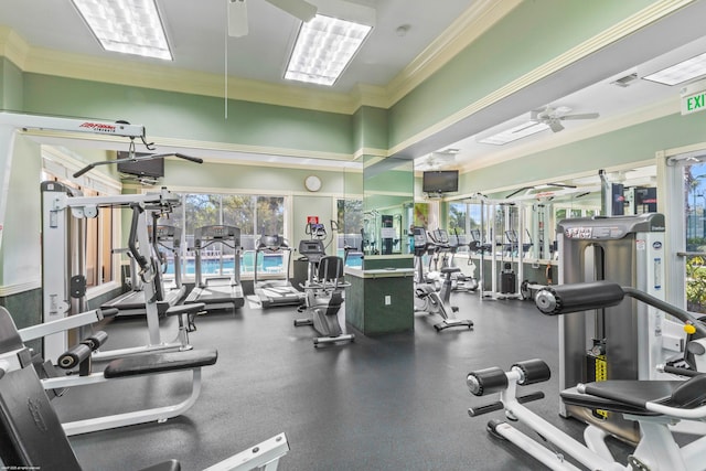 exercise room with ornamental molding and ceiling fan