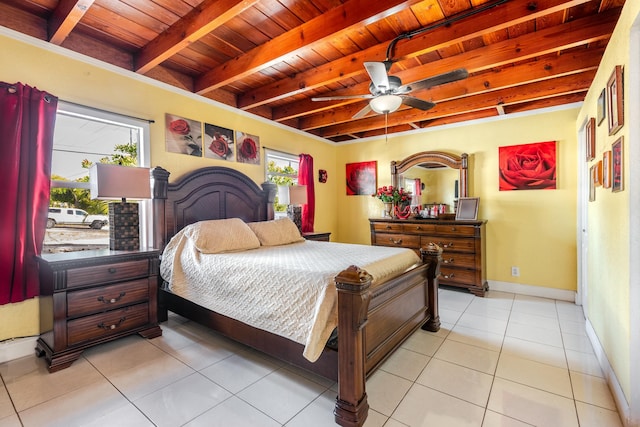 tiled bedroom featuring wood ceiling and beam ceiling