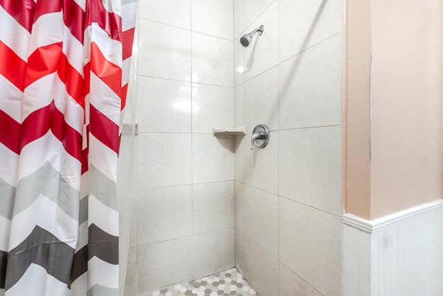 bathroom with a shower with shower curtain