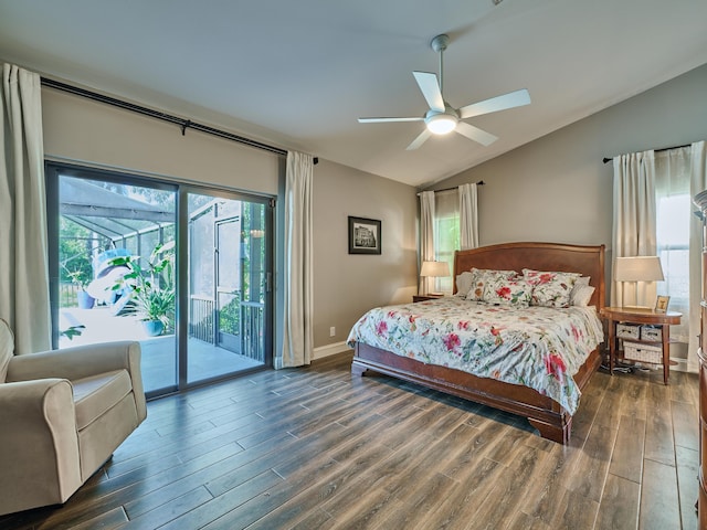 bedroom featuring vaulted ceiling, access to outside, ceiling fan, and dark hardwood / wood-style flooring