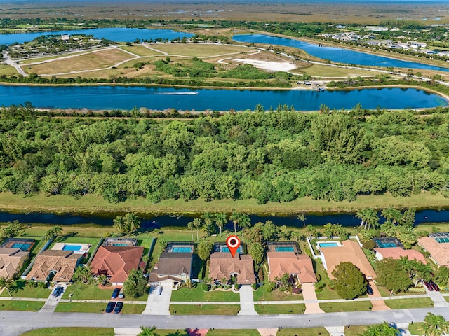 drone / aerial view featuring a water view