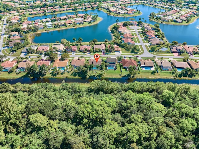 drone / aerial view featuring a water view