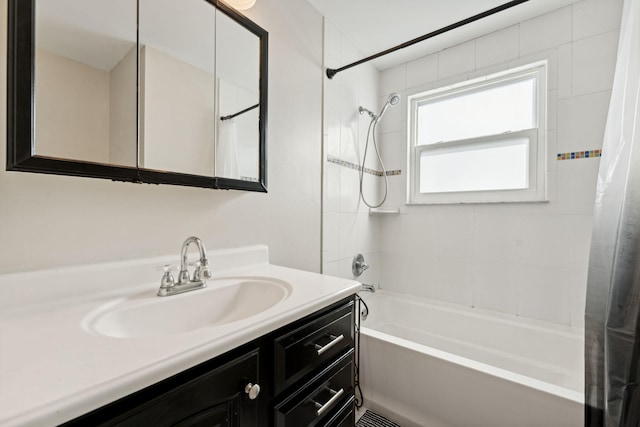 bathroom with vanity and shower / bath combo with shower curtain