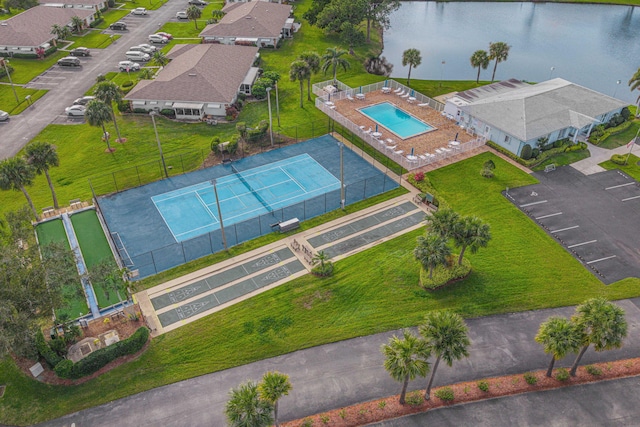 aerial view featuring a water view