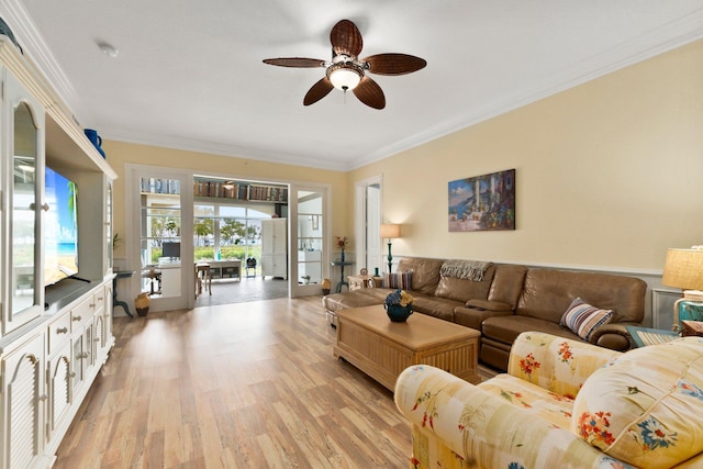 living room with crown molding, ceiling fan, and light wood-type flooring