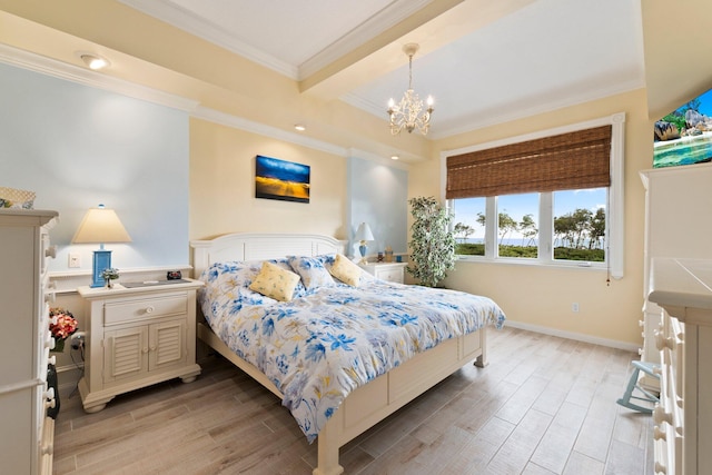 bedroom with beam ceiling, crown molding, a chandelier, and light hardwood / wood-style floors