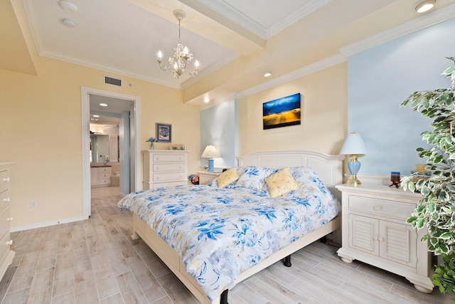 bedroom with an inviting chandelier, crown molding, beamed ceiling, and light wood-type flooring