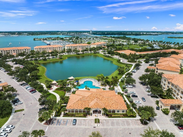 aerial view featuring a water view