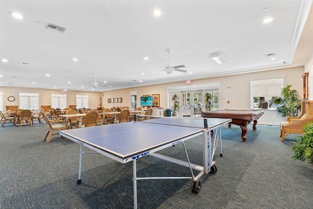 game room with french doors, pool table, ceiling fan, and carpet floors