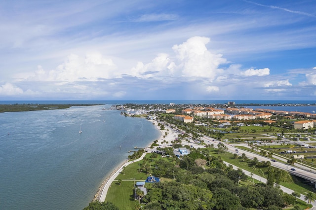 bird's eye view with a water view