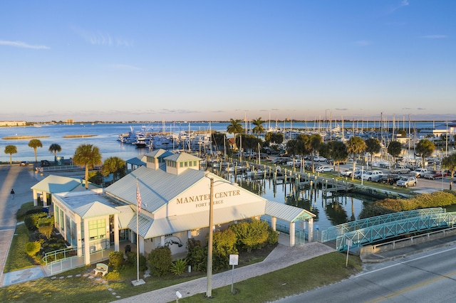 drone / aerial view featuring a water view