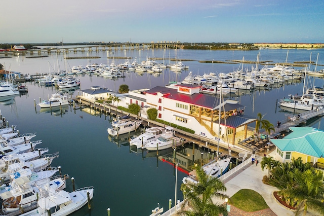 birds eye view of property featuring a water view