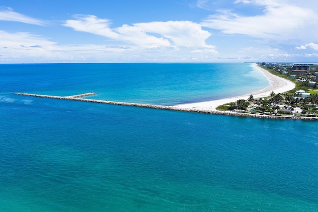 bird's eye view with a view of the beach and a water view