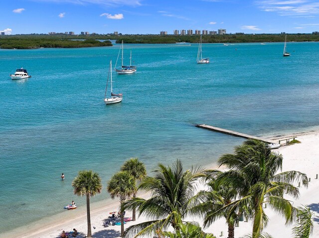 birds eye view of property with a view of the beach and a water view