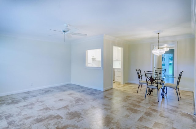 dining area featuring ornamental molding and ceiling fan with notable chandelier