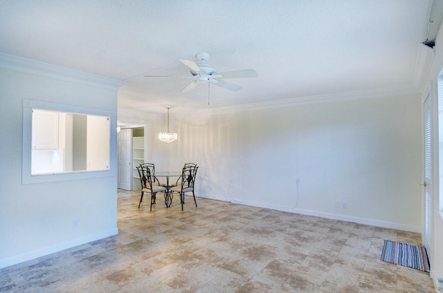 empty room with crown molding and ceiling fan with notable chandelier