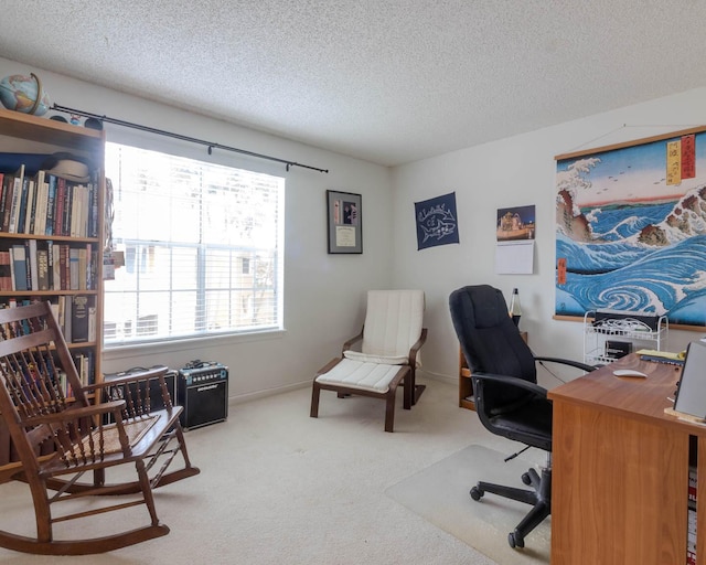 carpeted office space featuring a textured ceiling