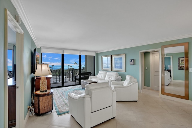 living room featuring light tile patterned floors, crown molding, and a wall of windows