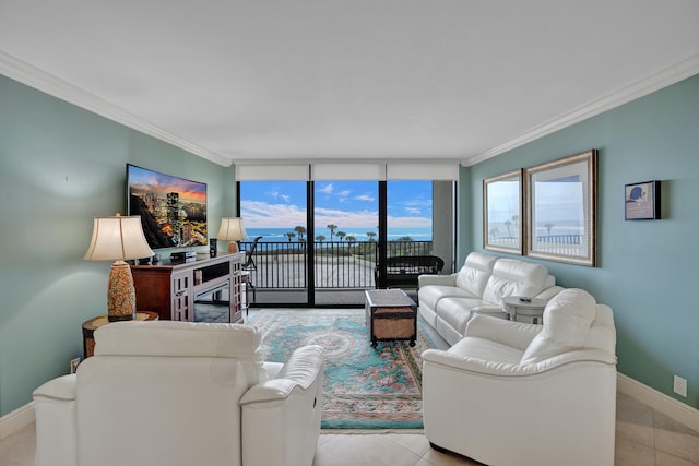 tiled living room featuring expansive windows and crown molding