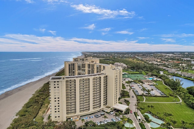 aerial view featuring a water view and a view of the beach