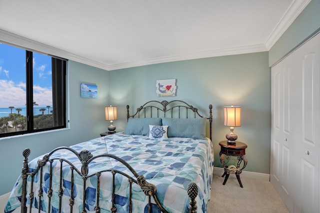 carpeted bedroom with ornamental molding and a closet