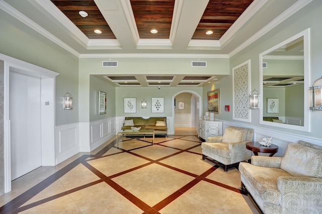 interior space with coffered ceiling, light tile patterned floors, wooden ceiling, and beam ceiling