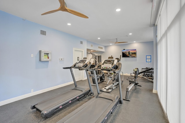 workout area featuring ceiling fan