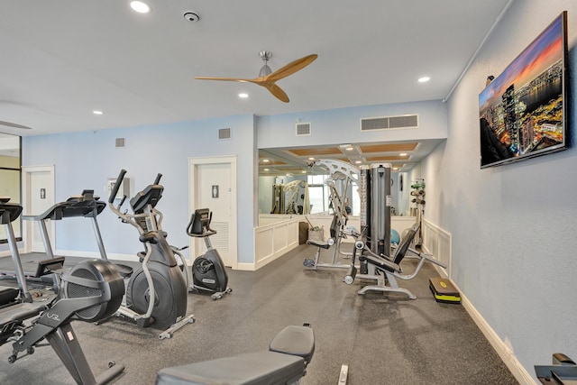 workout area featuring ceiling fan