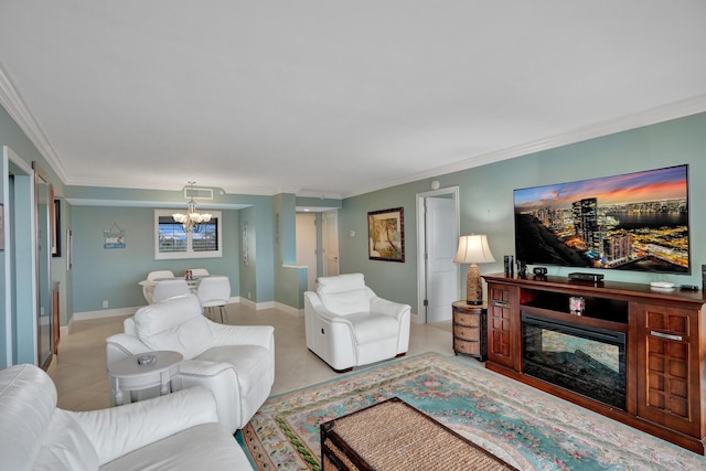 living room featuring an inviting chandelier and crown molding