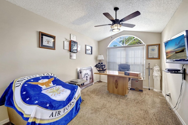 office featuring lofted ceiling, light carpet, and a textured ceiling