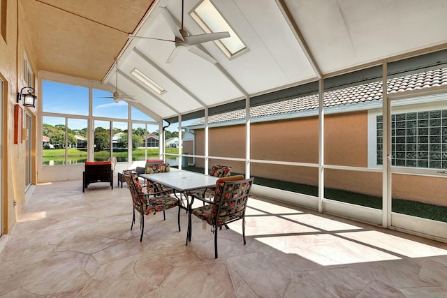 sunroom / solarium with vaulted ceiling and ceiling fan