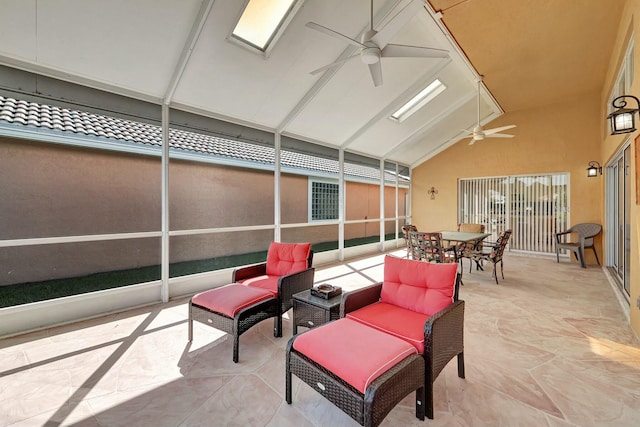 sunroom / solarium with lofted ceiling and ceiling fan