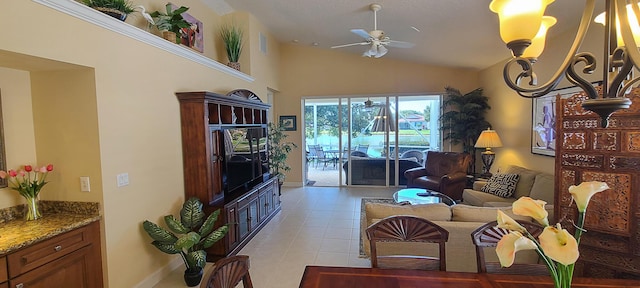 tiled living room with lofted ceiling and ceiling fan