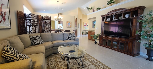 tiled living room featuring a notable chandelier and a high ceiling