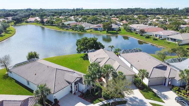 drone / aerial view with a water view