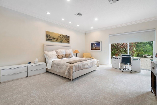 carpeted bedroom with crown molding