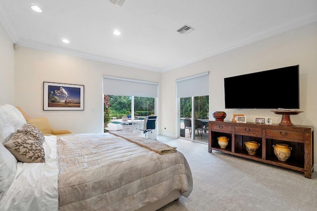 bedroom with access to exterior, crown molding, and light colored carpet