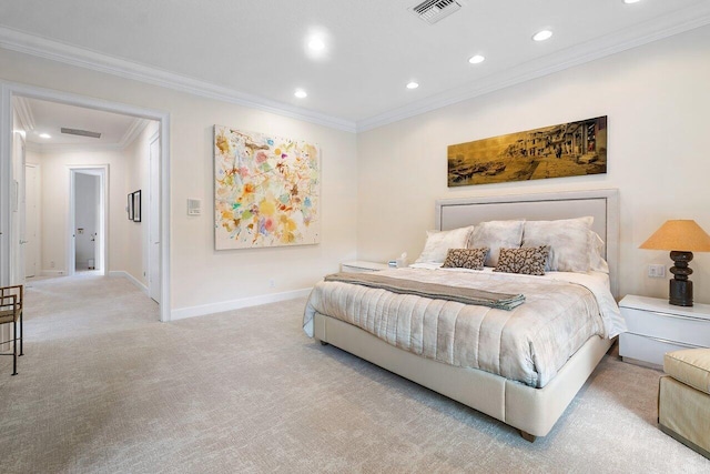 carpeted bedroom featuring crown molding