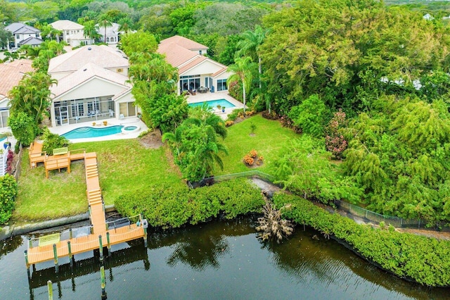 drone / aerial view with a water view