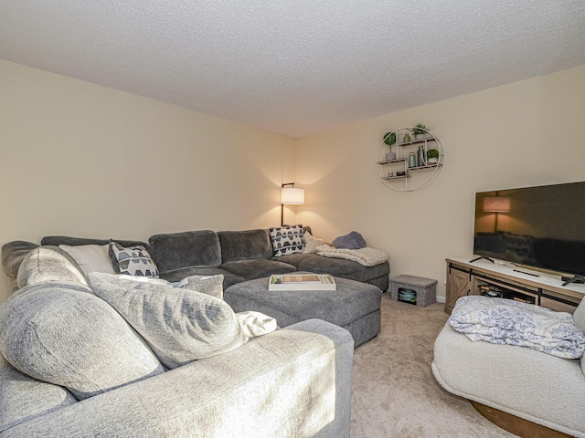 living room with light carpet and a textured ceiling