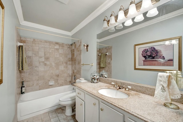 full bathroom featuring tiled shower / bath combo, crown molding, vanity, and toilet