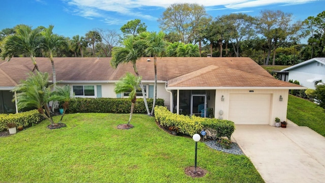 single story home featuring stucco siding, an attached garage, concrete driveway, and a front lawn