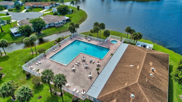 drone / aerial view with a water view