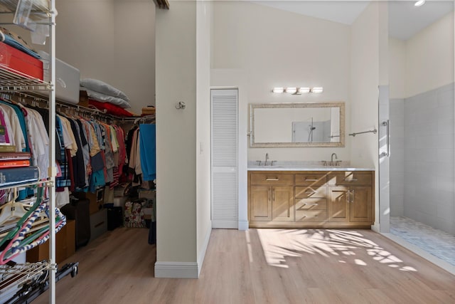 bathroom with hardwood / wood-style flooring, vanity, and a shower