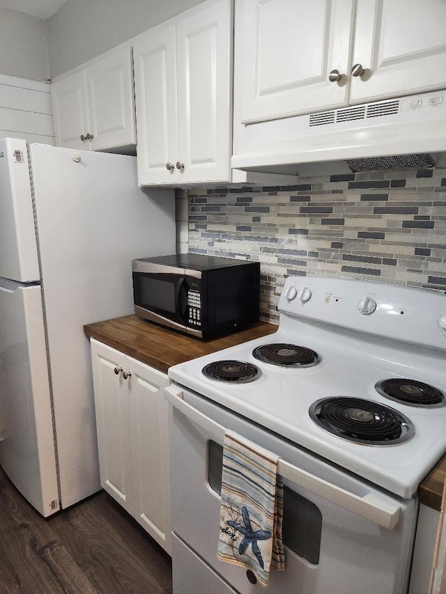 kitchen featuring wood counters, tasteful backsplash, white cabinets, dark hardwood / wood-style flooring, and white appliances