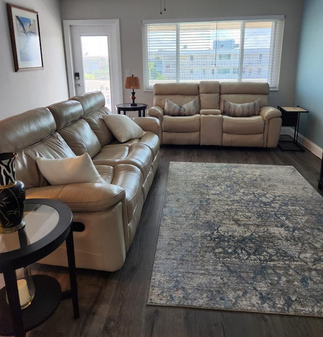 living room featuring dark hardwood / wood-style floors and a wealth of natural light